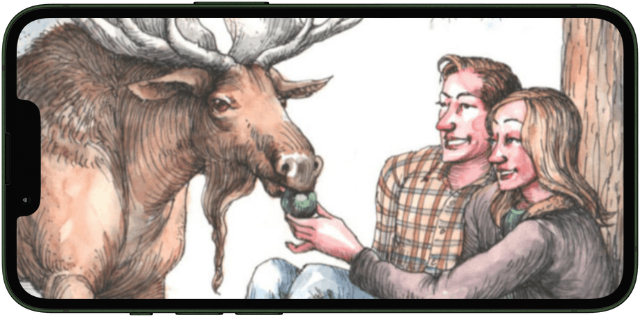 A couple feeding a moose